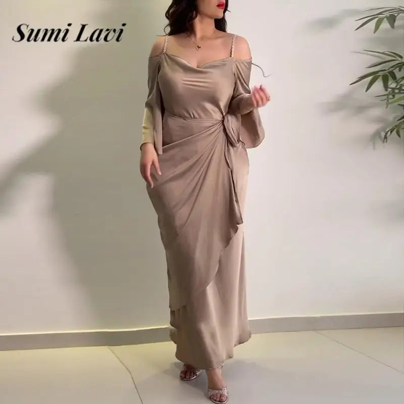 Sexy Off Shoulder Long Sleeve Party Dress Women Elegant Lace-up Waist Solid Satin Dress Fashion Hipster Swing Prom Evening Gown - GSINAS.com