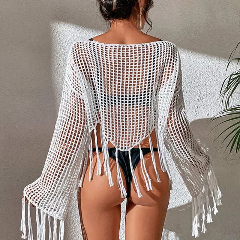 Swimsuit Beachwear Cover-Up Transparent Hollow Out Tops Women Flared Long Sleeve Tassel Smock Crop Tops