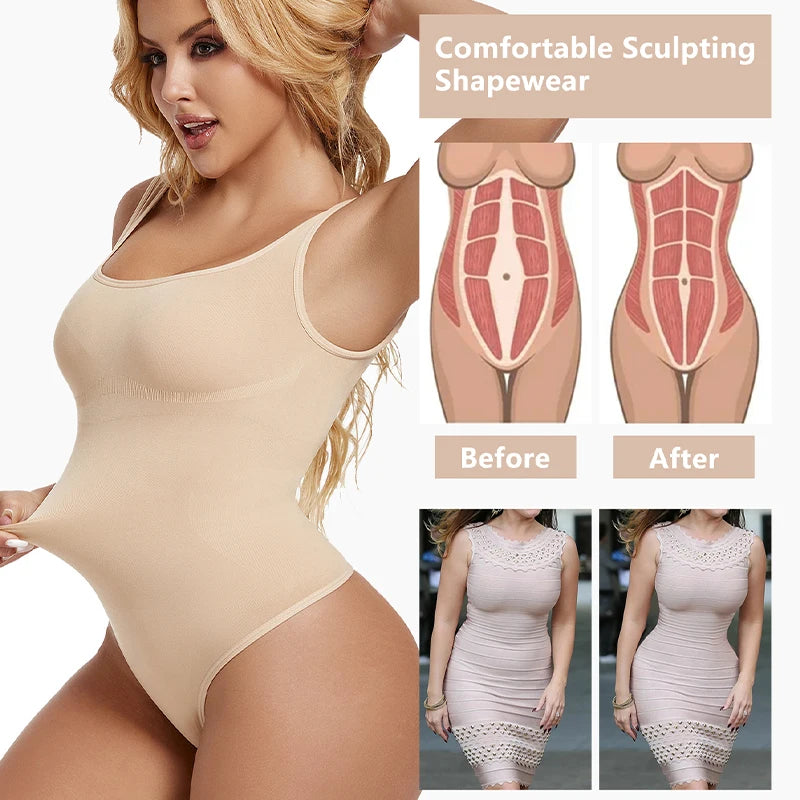 Tummy Control Shapewear Bodysuit - Seamless Square Neck Thong Bodysuit for Corset Body Sculpting. - GSINAS.com